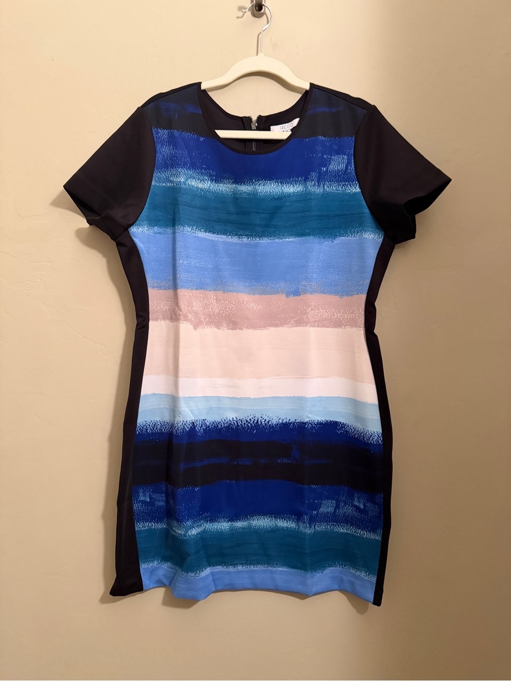 REED Blue Abstract Stripe Scuba Sheath Dress Size XL Career Stretch